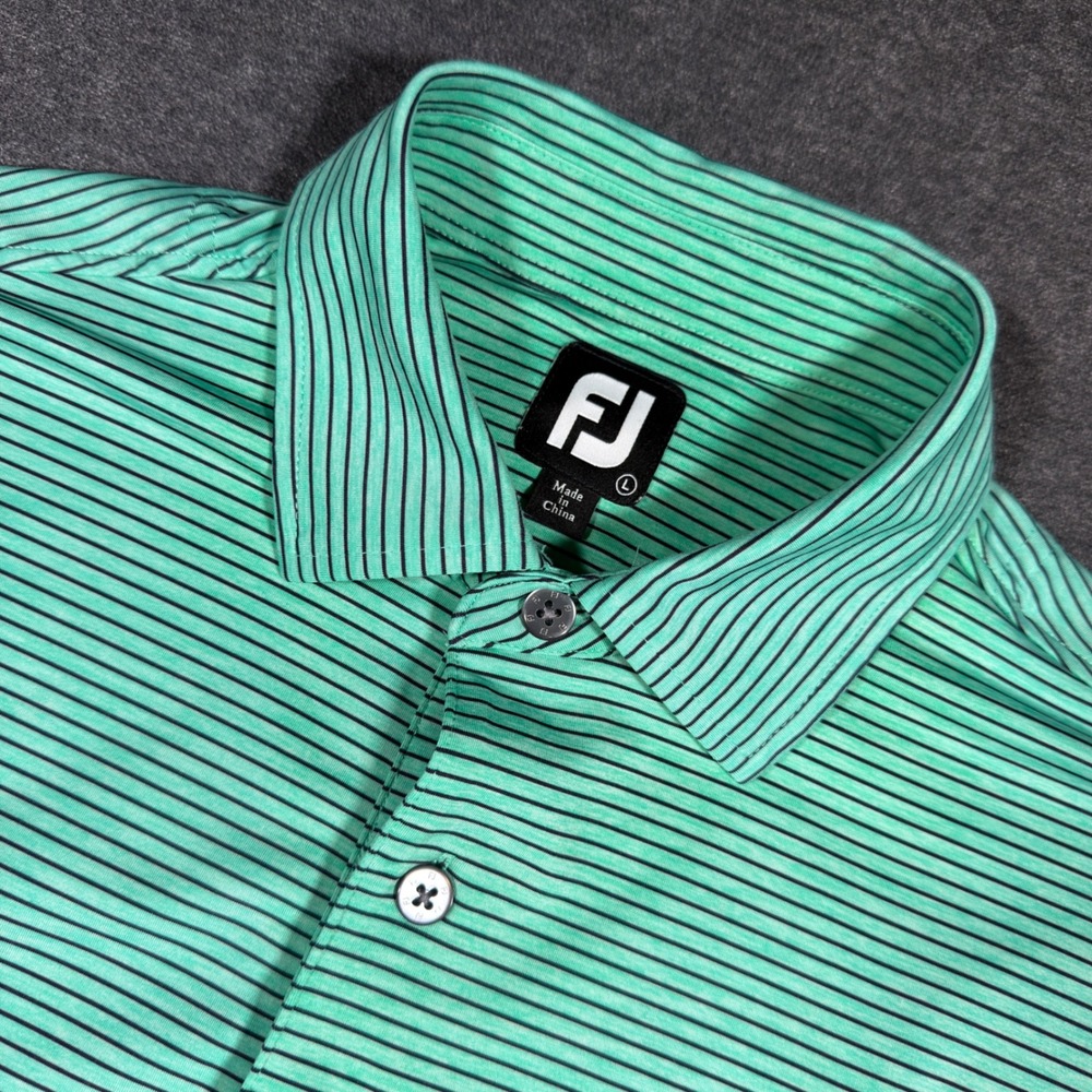 FootJoy Polo Shirt Mens Large Green Striped Short Sleeve Golf Carpe Diem Logo